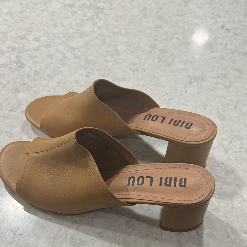 Tan Open-Toe Block Heel Mules